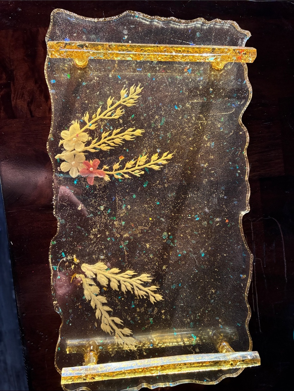 Handcrafted Gold Floral Acrylic Tray - Elegant Home Art Accent